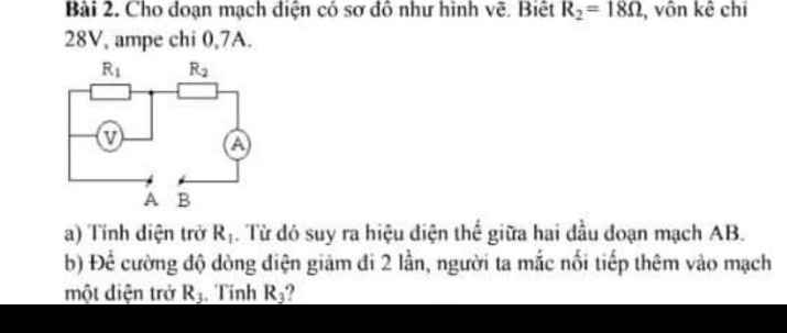 Cho một đoạn mạch điện có sơ đồ như hình vẽ biết r ud  ôm vôn kế chỉ  v ampe chỉ a a tính điện trở r từ đó