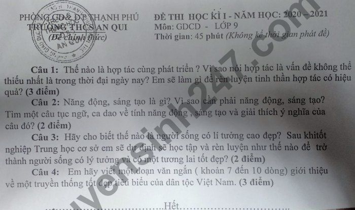 Đề thi học kì  môn gdcd lớp  thcs an qui năm