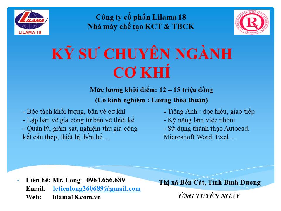 Công ty cp lilama  tuyển dụng kỹ sư cơ khí